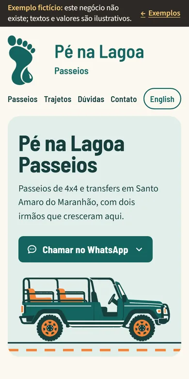 Exemplo de site da Pé na Lagoa Passeios, na tela de um celular