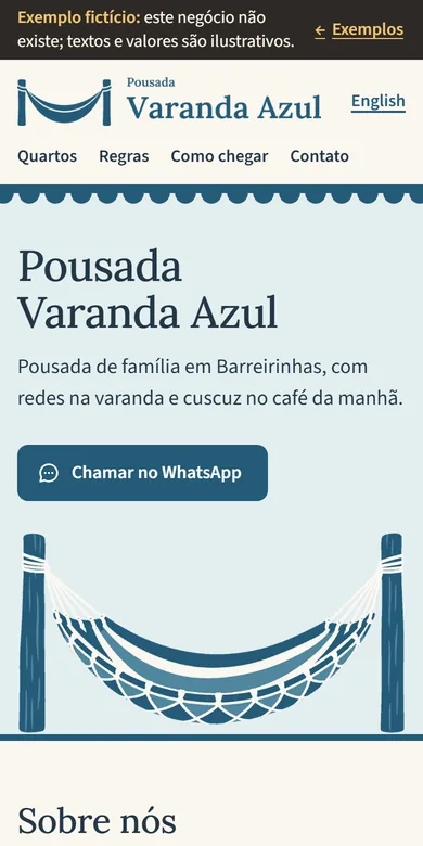 Exemplo de site da Pousada Varanda Azul, na tela de um celular
