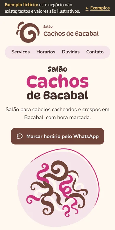 Exemplo de site do Salão Cachos de Bacabal, na tela de um celular