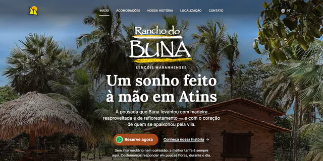 A página inicial do site do Rancho do Buna num computador: o nome da pousada e o título “Um sonho feito à mão em Atins” sobre uma foto da pousada.