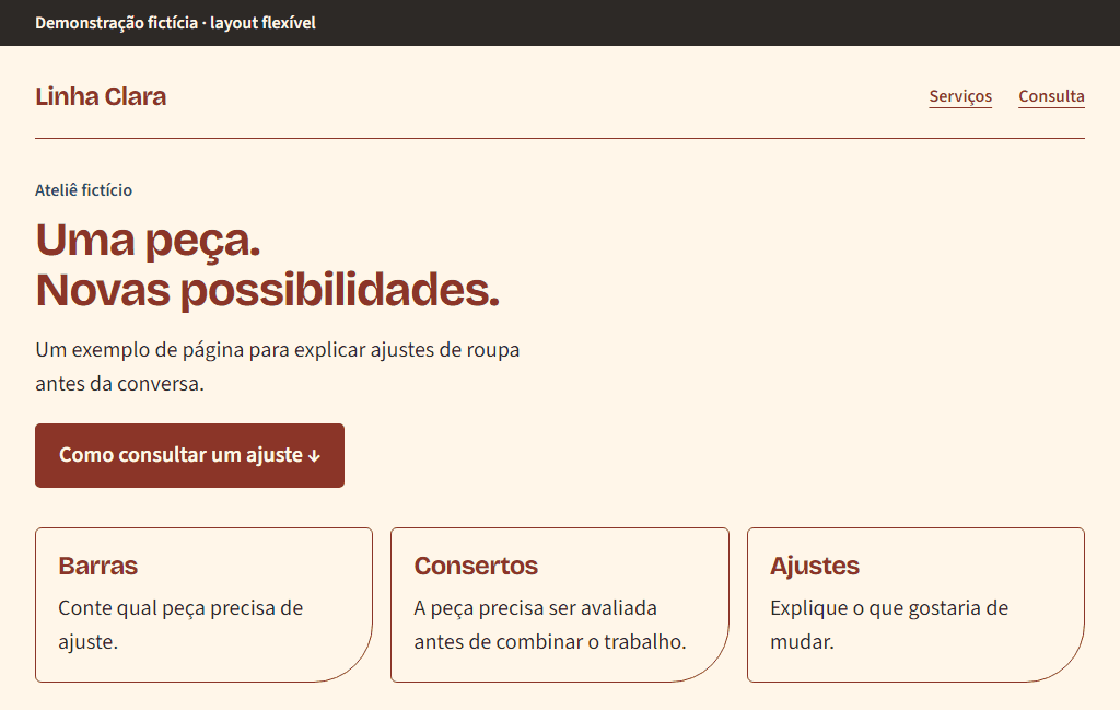 Versão flexível do Ateliê Linha Clara numa área de visualização mais larga, de 1024 pixels.