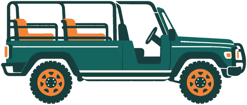 Ilustração: uma caminhonete 4x4 aberta, com bancos na carroceria, vista de lado e sem ninguém.