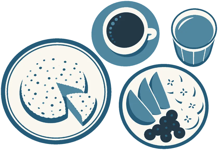 Ilustração: um café da manhã visto de cima, com um cuscuz com uma fatia cortada, uma xícara de café, um copo de suco e frutas cortadas.