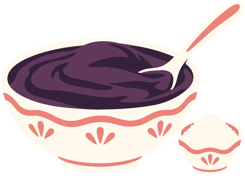 Ilustração: uma tigela de juçara com uma colher, ao lado de um potinho de farinha.