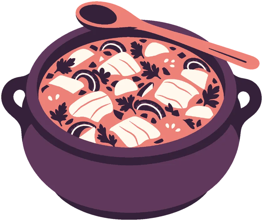 Ilustração: uma panela de barro com peixada e uma colher de pau apoiada nela.