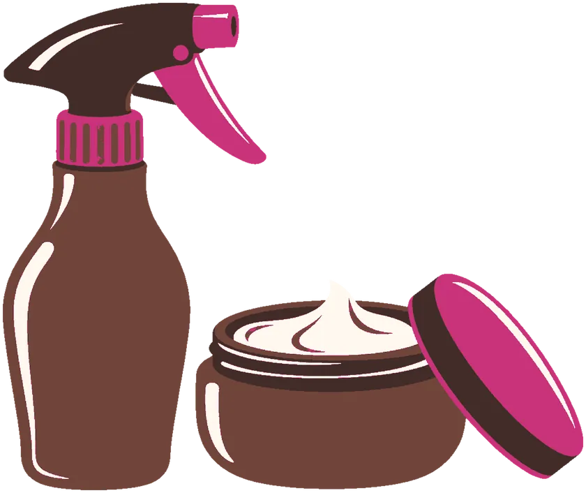 Ilustração: um borrifador ao lado de um pote aberto de creme para cabelo.